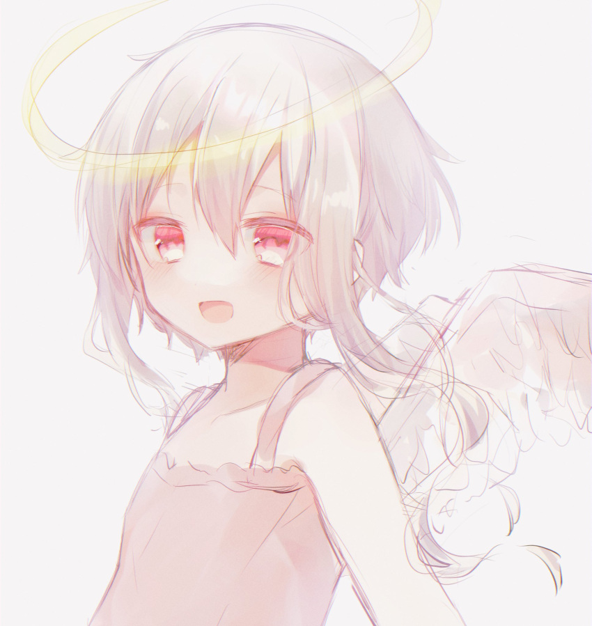 1girl :d angel angel_wings bangs blush camisole character_request child female_child hair_between_eyes halo happy highres itotong kagerou_project looking_at_viewer open_mouth pink_camisole pink_eyes sidelocks simple_background sketch smile solo white_hair wings