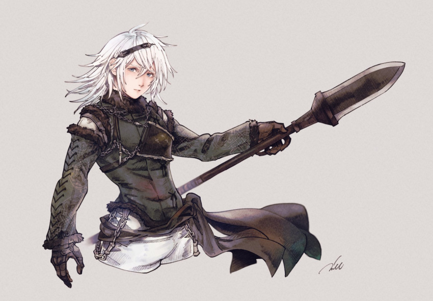 1boy armor chain fur_trim gloves green_eyes grey_background hair_between_eyes head_chain highres holding holding_polearm holding_weapon lace-up_sleeves long_sleeves looking_at_viewer male_focus medium_hair mim_(mimya0600) nier nier_(series) nier_(young) pants polearm solo upper_body weapon white_hair white_pants