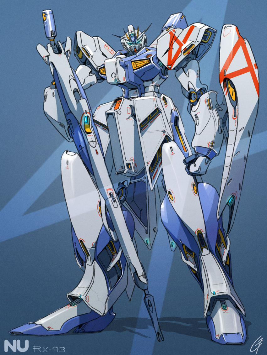 77lee77 absurdres blue_background char's_counterattack clenched_hand glowing glowing_eyes green_eyes gun gundam highres holding holding_gun holding_weapon mecha mobile_suit nu_gundam redesign robot shadow shield solo standing v-fin weapon
