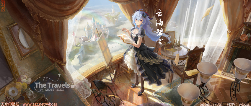 1girl ahoge artist_logo artist_name backlighting black_dress black_legwear blue_hair book canvas_(object) castle chair cup curtains dated dress frilled_dress frills full_body ganyu_(genshin_impact) genshin_impact high_heels highres horns long_hair looking_at_viewer low_ponytail scenery signature smile solo table violet_eyes wboss window
