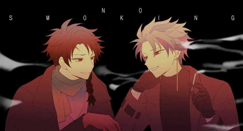 2boys black_gloves black_jacket black_sweater braid brown_hair chinese_commentary cigarette commentary_request earrings english_text gloves green_scarf grey_jacket harada_minoru head_on_hand holding holding_cigarette jacket jewelry long_sleeves male_focus multiple_boys open_clothes open_jacket purple_hair red_eyes saibou_shinkyoku sakuraihum scarf short_hair smoke suit_jacket sweater theodore_riddle turtleneck turtleneck_sweater