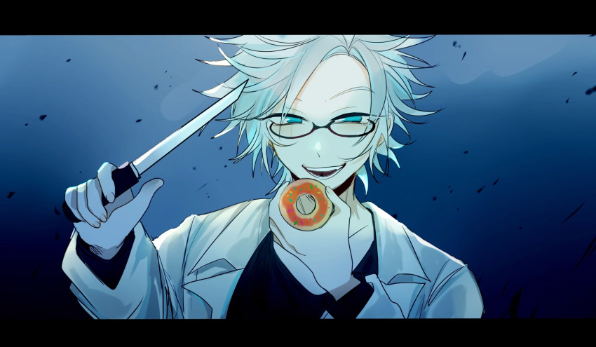 1boy black_shirt blue_eyes doughnut food glasses grin highres holding holding_food holding_knife holding_weapon kanou_aogu knife labcoat lemijiang long_sleeves male_focus open_labcoat open_mouth saibou_shinkyoku shirt short_hair smile solo weapon white_hair