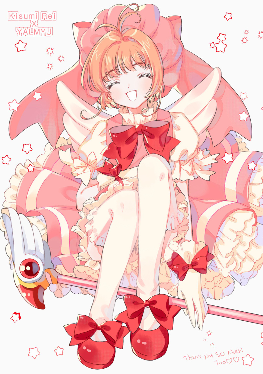 1girl absurdres artist_name bow cardcaptor_sakura closed_eyes commentary_request footwear_bow frills full_body fuuin_no_tsue highres kinomoto_sakura knees_up open_mouth pink_headwear pink_ribbon red_bow red_footwear ribbon sitting smile solo star_(symbol) thigh-highs white_legwear yalmyu