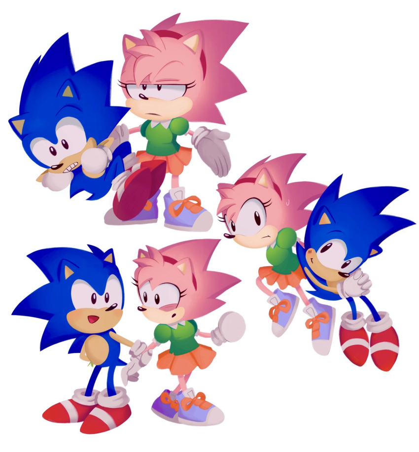 1boy 1girl amy_rose blue_fur blush body_switch bunbuffet diadem dress furry furry_female furry_male gloves half-closed_eyes headband highres holding_hands open_mouth outstretched_arms personality_switch pink_fur pointy_ears pointy_nose shoes short_sleeves simple_background skirt sonic_(series) sonic_cd sonic_the_hedgehog spread_arms sweat sweatdrop teeth tongue white_background