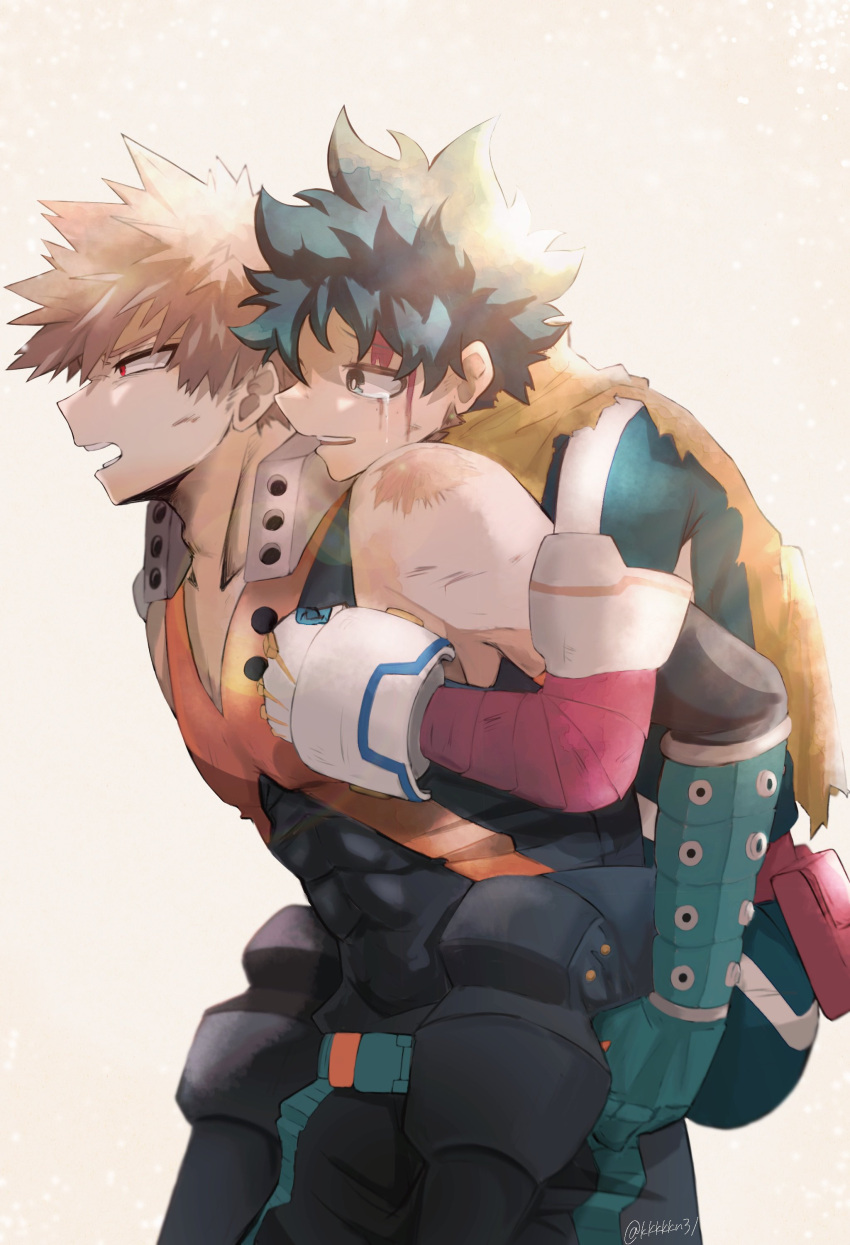 2boys absurdres bakugou_katsuki bare_shoulders black_bodysuit blonde_hair blood blood_on_face bodysuit boku_no_hero_academia cape carrying commentary_request gloves green_bodysuit green_eyes green_hair grey_background highres kkkkkn31 male_focus midoriya_izuku multiple_boys open_mouth piggyback red_eyes scar scar_on_arm short_hair simple_background spiky_hair standing tears yellow_cape