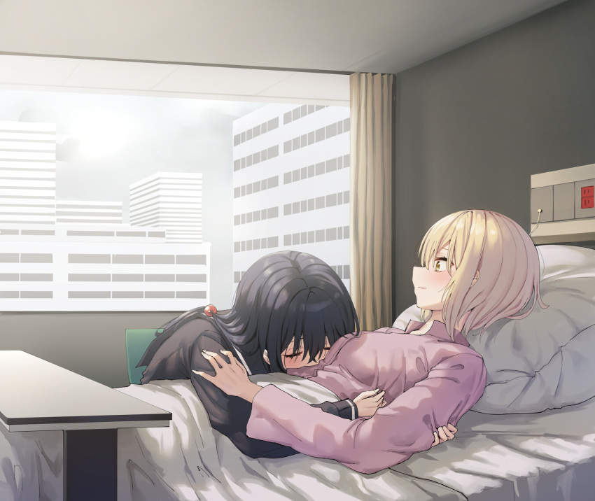 2girls bangs bed black_hair black_shirt blonde_hair blush breasts brown_eyes building closed_eyes closed_mouth collared_shirt commentary day dress_shirt hair_between_eyes highres hospital_bed indoors long_hair long_sleeves lying multiple_girls on_back original pillow pink_shirt piripun shirt small_breasts smile under_covers window yuri