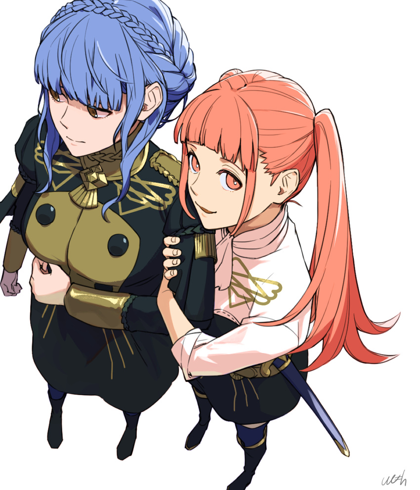 2girls arm_hug bangs black_dress black_footwear black_skirt blunt_bangs boots braid breasts brown_eyes buttons closed_mouth crown_braid double-breasted dress expressionless fire_emblem fire_emblem:_three_houses from_above full_body garreg_mach_monastery_uniform gold_trim high-waist_skirt highres hilda_valentine_goneril light_blue_hair long_hair looking_at_viewer looking_away looking_to_the_side marianne_von_edmund medium_breasts medium_hair multiple_girls neckerchief parted_lips pink_eyes pink_hair scabbard sheath sheathed shirt shirt_tucked_in shishima_eichi sidelocks signature simple_background skirt sleeves_rolled_up smile standing sword twintails weapon white_background white_neckerchief white_shirt