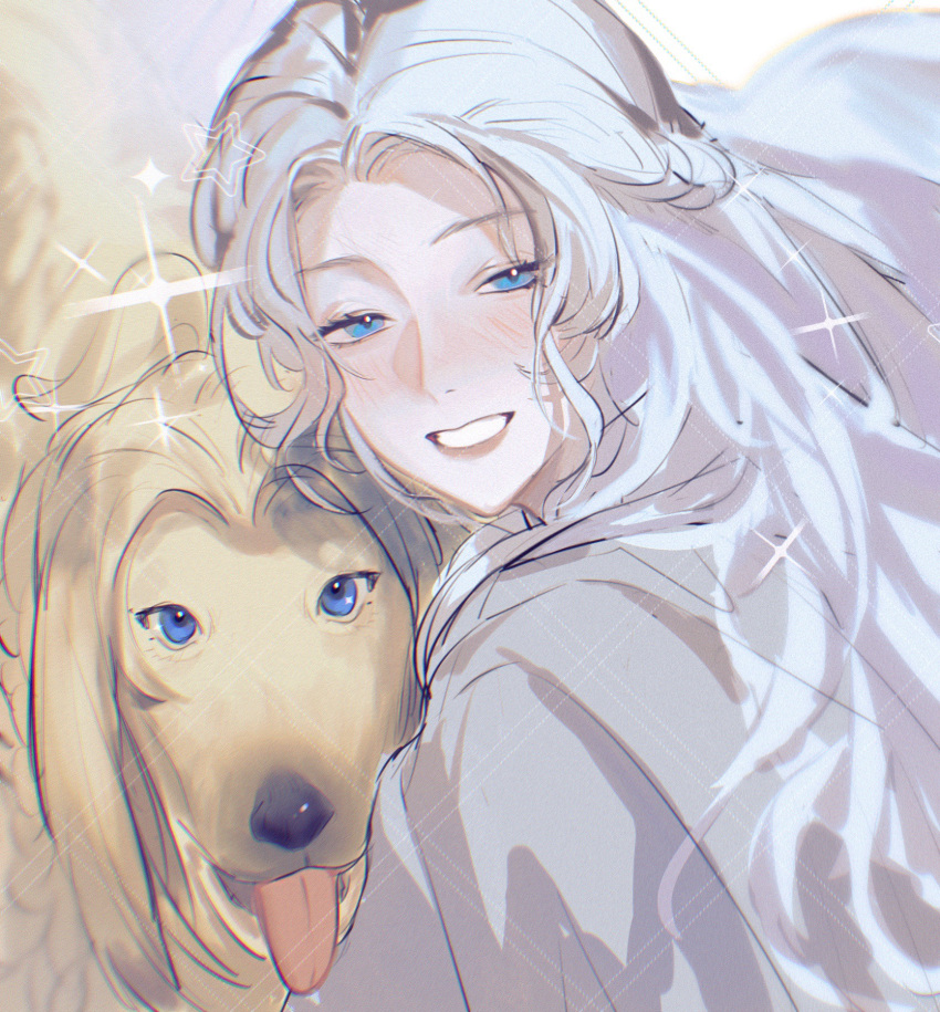 1girl 29533478 argos_(ff14) blue_eyes blush chinese_commentary commentary_request dog final_fantasy final_fantasy_xiv grin half-closed_eyes highres long_hair looking_at_viewer portrait smile sparkle star_(symbol) tongue tongue_out venat_(ff14) white_background white_hair