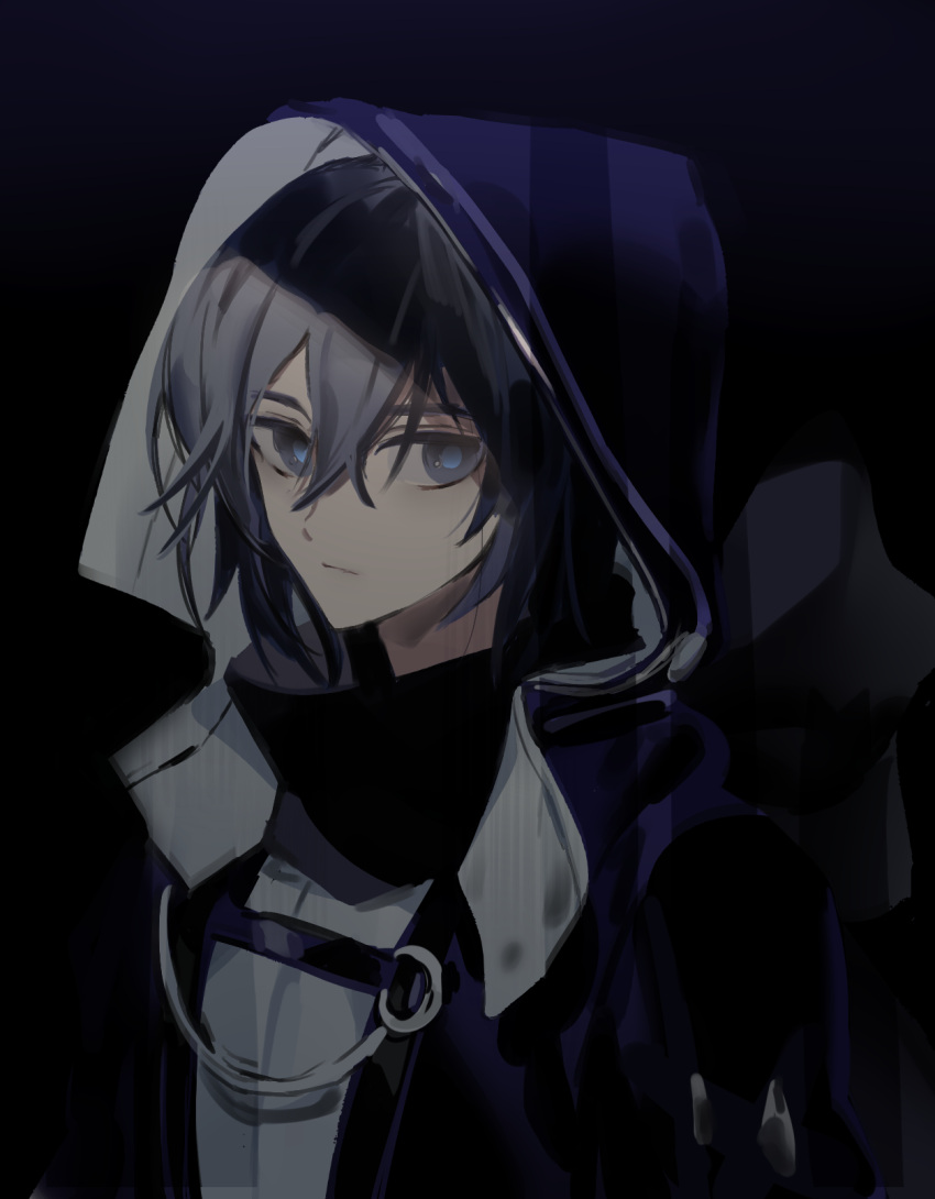 1boy beat5727 blue_eyes blue_hair closed_mouth elsword facing_to_the_side frown grey_hair highres hood hood_up hoodie long_sleeves looking_to_the_side male_focus multicolored_hair noah_(elsword) short_hair silent_shadow_(elsword) solo