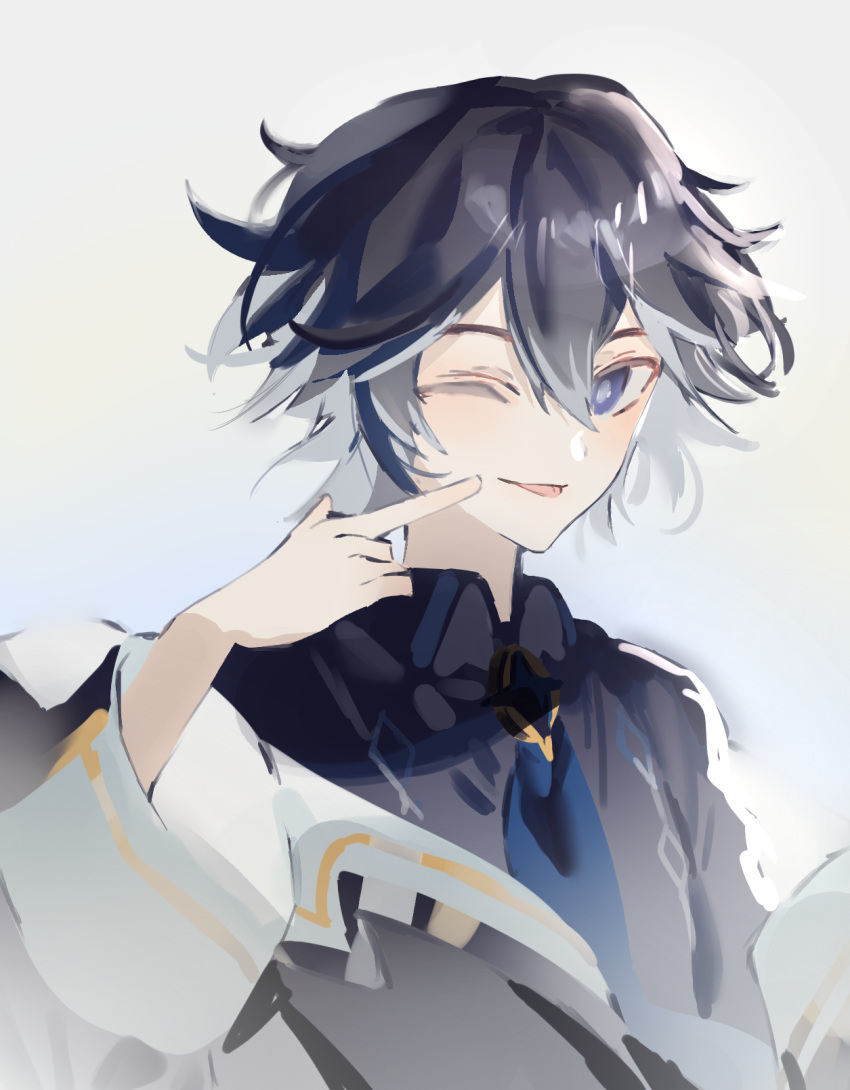 1boy beat5727 black_hair blue_eyes blush elsword facing_to_the_side grey_background highres jacket long_sleeves looking_at_viewer male_focus noah_(elsword) one_eye_closed pointing short_hair solo stellar_caster_(elsword) tongue tongue_out white_background white_hair