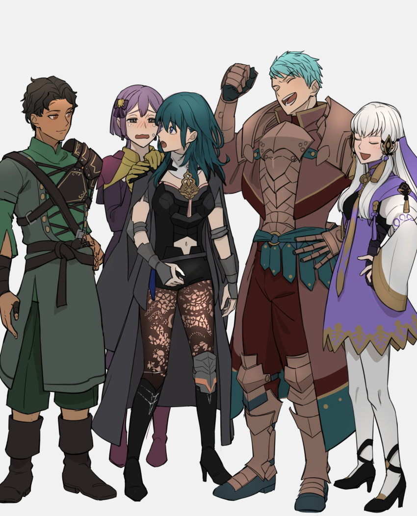 2boys 3girls :o arm_wrap armor armored_boots armored_dress bangs bernadetta_von_varley black_dress black_footwear blue_eyes blue_hair blush boots bow breastplate breasts brown_footwear brown_hair brown_legwear byleth_(fire_emblem) byleth_eisner_(female) caspar_von_bergliez clenched_hand closed_eyes closed_mouth clothing_cutout coat coat_on_shoulders crossed_arms crying crying_with_eyes_open cyril_(fire_emblem) dark-skinned_male dark_skin dress eyebrows_behind_hair fire_emblem fire_emblem:_three_houses full_body green_pants green_shirt grey_background grey_coat hair_bow hair_ornament hand_on_hip hands_on_hips high_heel_boots high_heels highres leg_armor light_blue_hair light_smile long_hair long_sleeves looking_at_another looking_back lysithea_von_ordelia medium_breasts medium_hair midriff multiple_boys multiple_girls navel navel_cutout open_mouth pants pantyhose parted_bangs purple_dress purple_hair red_eyes red_pants shirt shishima_eichi short_hair shoulder_armor sidelocks simple_background small_breasts smile smirk smug standing tassel tassel_hair_ornament tears trait_connection vambraces violet_eyes wavy_mouth white_footwear white_hair white_legwear wide_sleeves