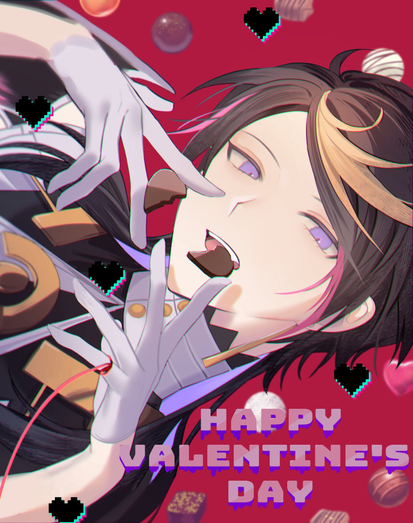 1boy absurdres blonde_hair brown_hair cc_(cc_2_) chocolate english_text gloves hands_up happy_valentine heart highres long_hair male_focus nijisanji nijisanji_en open_mouth pink_hair portrait red_background shu_yamino sideways solo violet_eyes white_gloves