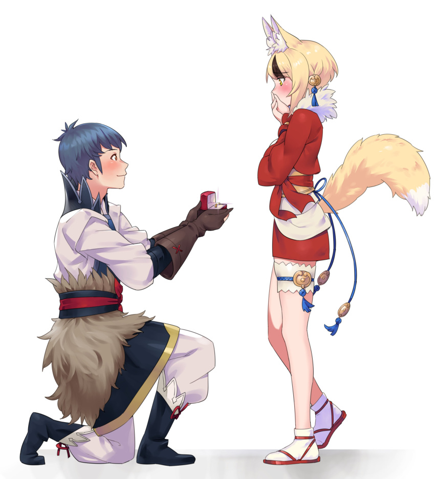 1boy 1girl absurdres animal_ears bangs blonde_hair blush confession fire_emblem fire_emblem_fates fox_ears fox_tail fur_trim highres igni_tion jewelry kiragi_(fire_emblem) multicolored_hair one_knee proposal ring ring_box selkie_(fire_emblem) short_hair smile tail yellow_eyes