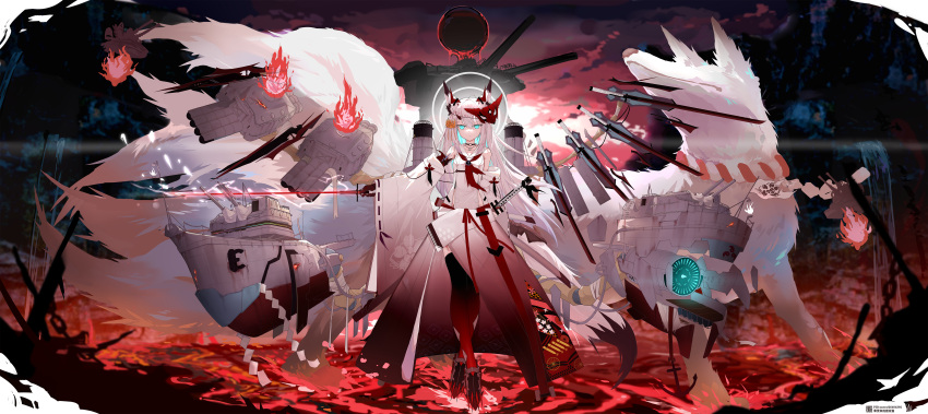 1girl absurdres ahoge alternate_costume animal animal_ears azur_lane bangs black_choker black_gloves black_legwear blue_eyes breasts choker closed_mouth clouds cloudy_sky collarbone commentary_request crossed_legs detached_sleeves evening fox fox_ears fox_girl fox_mask fox_tail gloves hair_between_eyes hakama highres holding holding_sword holding_weapon horns japanese_clothes jewelry katana kawakaze_(azur_lane) liwendala long_hair long_sleeves looking_at_viewer machinery mask moon multicolored_hair multiple_swords neckerchief night on_water pendant red_gloves red_horns red_moon red_neckerchief red_sky redhead ribbon-trimmed_sleeves ribbon_trim rigging rock rope sailor_collar shimenawa shirt shoes sidelocks single_glove single_horn sky sleeveless sleeveless_shirt small_breasts standing sword tail thigh-highs torpedo_tubes turret very_long_hair water weapon white_hair white_hakama white_sailor_collar white_shirt white_sleeves wide_sleeves