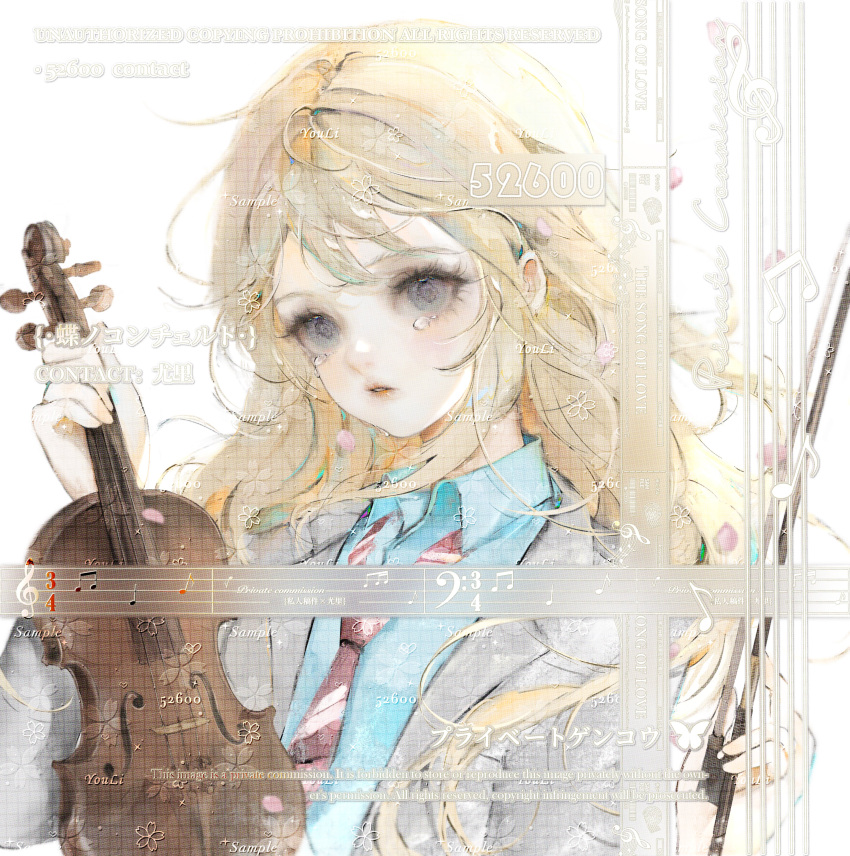 1girl absurdres bass_clef beamed_eighth_notes blonde_hair blue_shirt blush bow_(music) collared_shirt copyright_request eighth_note grey_eyes grey_jacket highres instrument jacket long_hair long_sleeves looking_at_viewer musical_note necktie parted_lips quarter_note sample_watermark shirt solo ssss_ve striped_necktie tears treble_clef upper_body violin