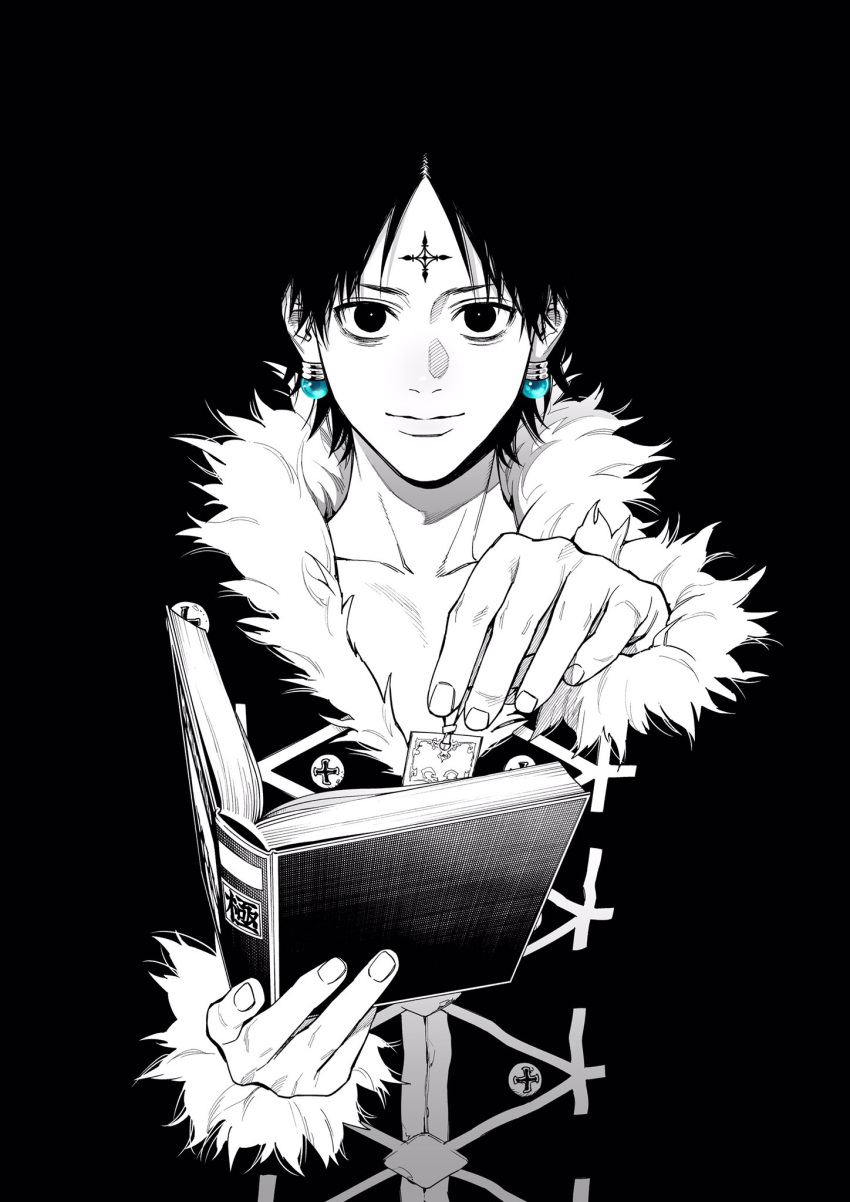 1boy black_background black_coat black_eyes black_hair blending book chrollo_lucilfer coat collarbone earrings facial_tattoo fur_trim hair_down highres holding holding_book hunter_x_hunter jewelry long_sleeves looking_at_viewer male_focus open_book sano_yuuto short_hair simple_background solo spot_color tattoo