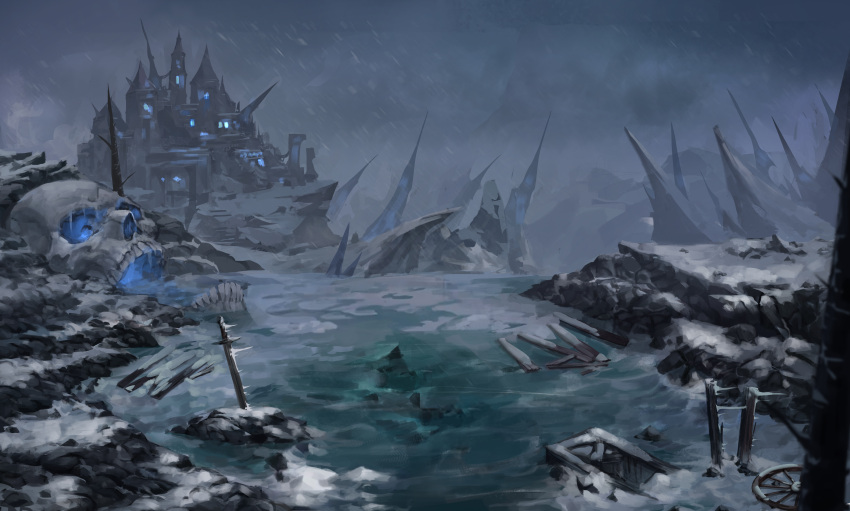 absurdres bare_tree boat boridongja broken castle fantasy frozen frozen_lake glowing glowing_eyes glowing_mouth highres ice icicle lake no_humans original painterly scenery skull snow snowing stairs tree watercraft