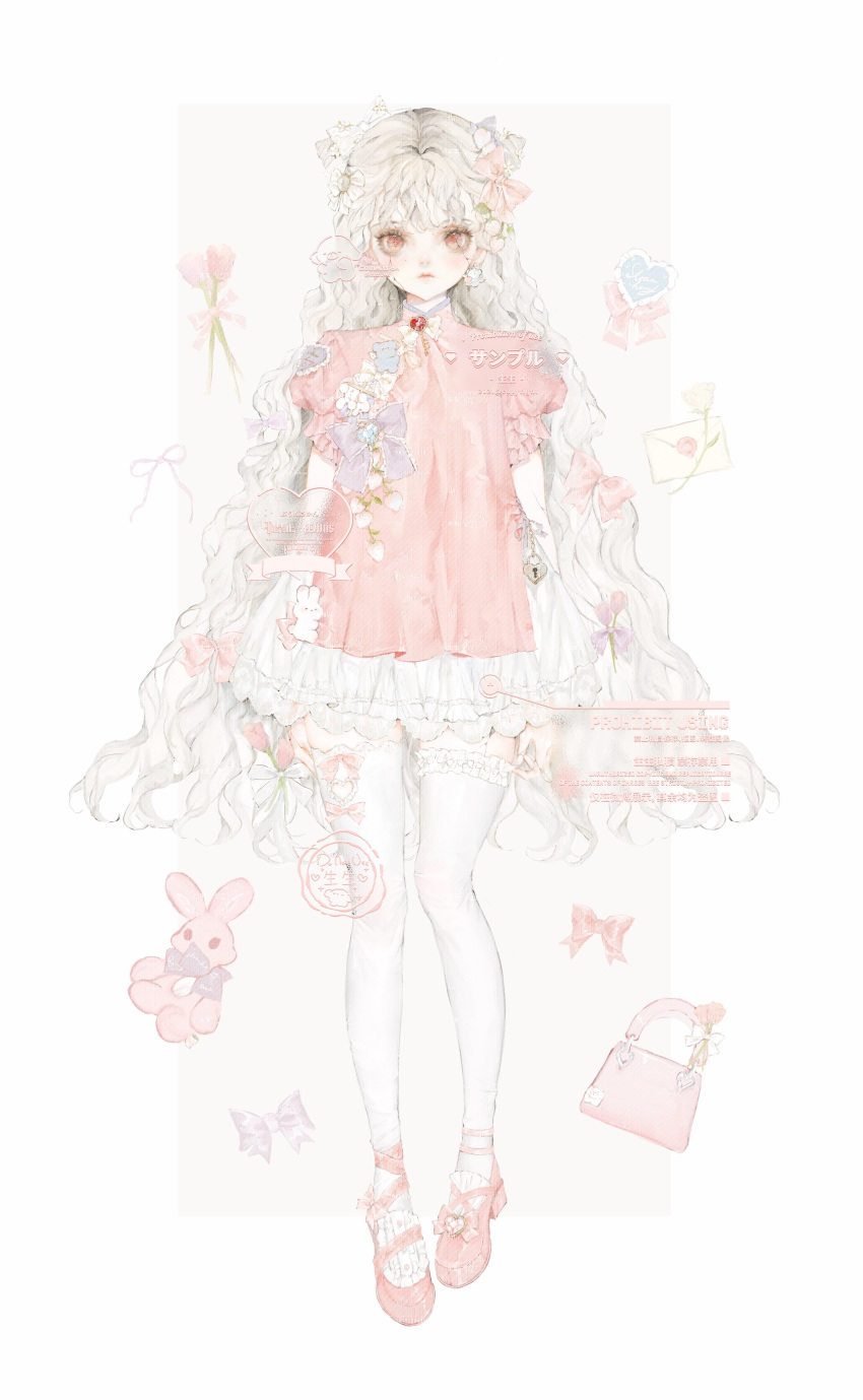 1girl absurdres blush bow dress hair_bow highres long_hair looking_at_viewer original pink_bow pink_dress pink_footwear red_eyes shoes short_sleeves solo ssss_ve thigh-highs very_long_hair white_hair white_legwear
