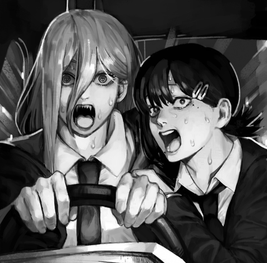 2girls boridongja car_interior chainsaw_man demon_girl driving eyelashes greyscale hair_between_eyes hair_ornament hairclip higashiyama_kobeni horns long_eyelashes long_hair mole mole_under_eye monochrome multiple_girls necktie open_mouth ponytail power_(chainsaw_man) screaming sharp_teeth short_hair sweat sweating_profusely symbol-shaped_pupils teeth wide-eyed