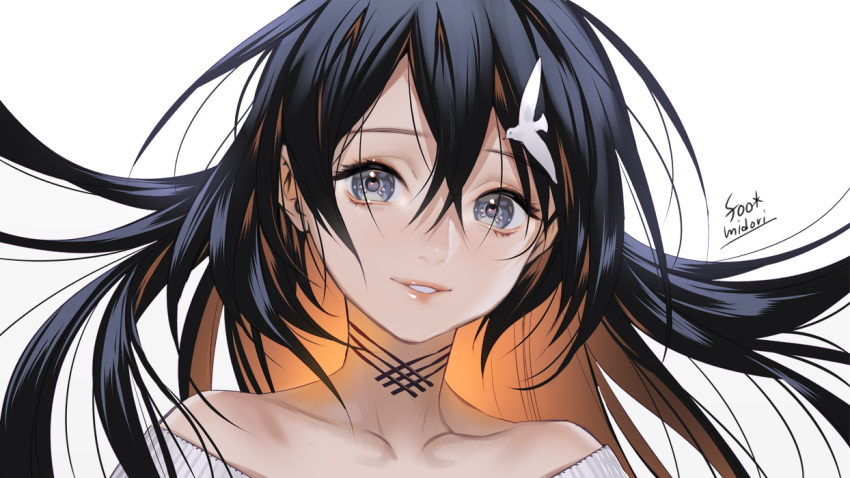 1girl artist_name bangs banned_artist black_hair face grey_eyes hair_between_eyes long_hair looking_at_viewer midori_foo multicolored_hair original parted_lips portrait simple_background solo white_background