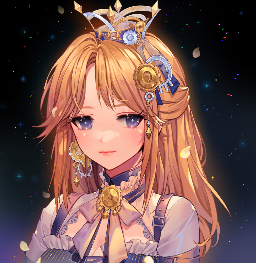 1girl absurdres bangs blonde_hair blue_eyes brooch closed_mouth commentary crown hair_ornament highres jewelry long_hair looking_at_viewer neck_ribbon orange_sekaii original petals portrait ribbon solo white_ribbon