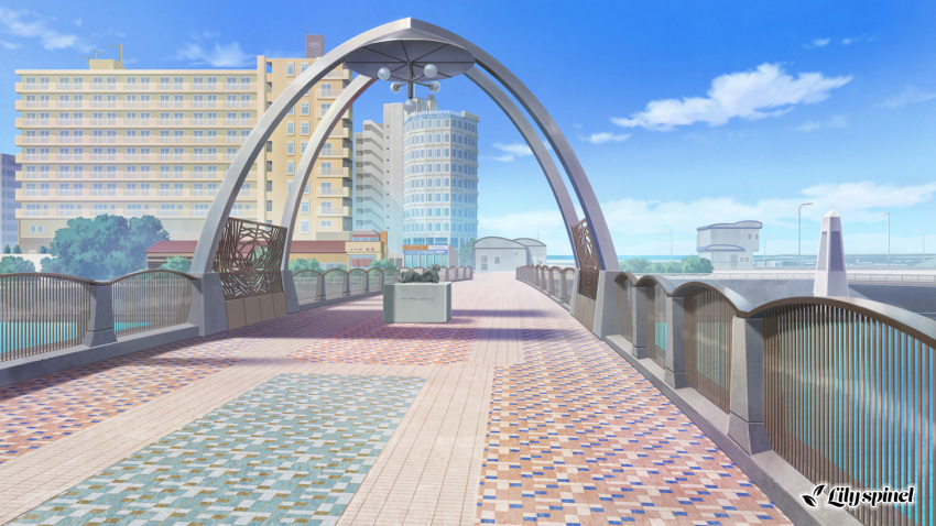 blue_sky building chisagogo2 clouds commentary_request lamppost no_humans original railing scenery shadow sky tree watermark