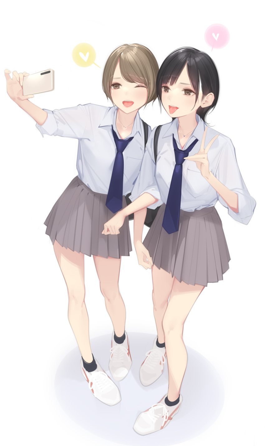 2girls :p ;d absurdres ama_mitsuki bangs bare_legs blue_necktie full_body grey_skirt heart highres holding holding_phone jewelry looking_at_phone loose_necktie multiple_girls necklace necktie one_eye_closed original phone pleated_skirt round_teeth school_uniform selfie shirt shoes short_hair simple_background skirt smile sneakers spoken_heart swept_bangs teeth tongue tongue_out v white_shirt