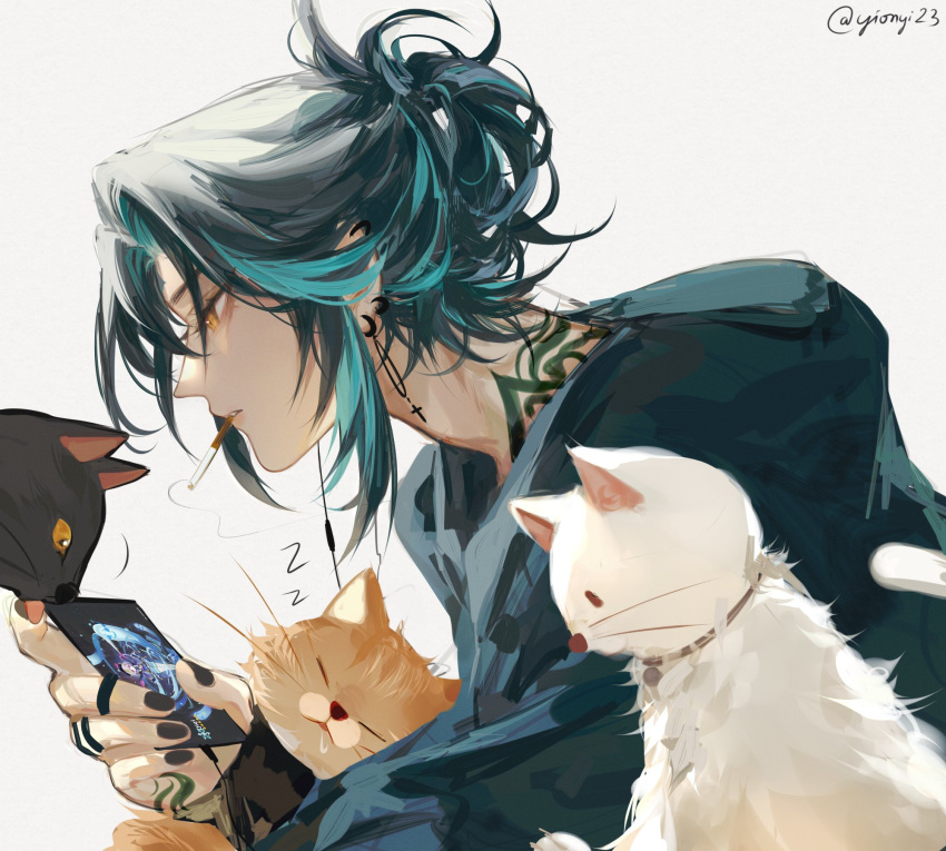 1boy black_hair cloak earrings from_side genshin_impact green_cloak green_hair highres jewelry long_sleeves male_focus multicolored_hair phone profile ring shiliuyesongge08575 solo tattoo white_background xiao_(genshin_impact) yellow_eyes