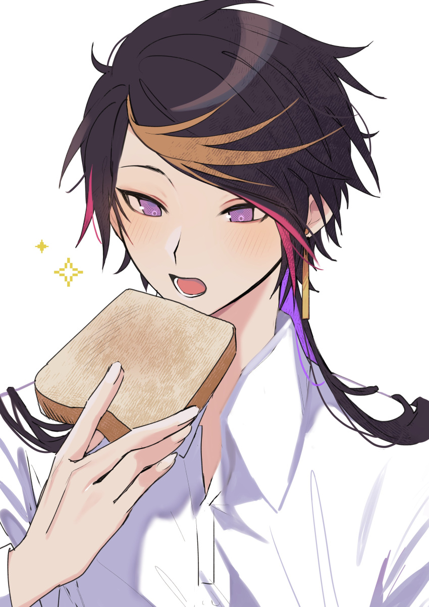 1boy absurdres blonde_hair bread brown_hair cc_(cc_2_) colored_inner_hair earrings food hand_up highres jewelry long_hair male_focus multicolored_hair nijisanji nijisanji_en open_mouth pink_hair purple_hair shirt shu_yamino solo violet_eyes white_background white_shirt