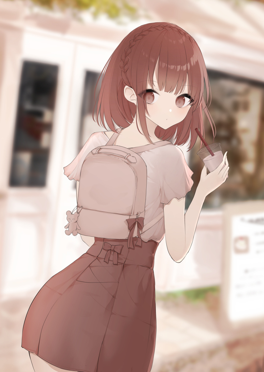 1girl absurdres ass backpack bag bangs blurry blurry_background braid brown_eyes brown_hair brown_skirt commentary_request crown_braid cup day depth_of_field disposable_cup drinking_straw from_behind grey_shirt highres holding holding_cup looking_at_viewer looking_back original outdoors pleated_skirt shirt short_sleeves skirt solo uzuki_tsukuyo