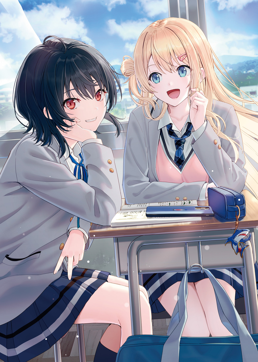 2girls :d bag bangs black_hair black_legwear blazer blonde_hair blue_eyes blue_necktie blue_ribbon blue_skirt blue_sky chair clouds cloudy_sky collarbone collared_shirt copyright_request day desk grey_jacket grin hair_between_eyes hair_bun hair_ornament hair_twirling hairclip hand_up highres hyuuga_azuri indoors jacket long_hair long_sleeves looking_at_another looking_at_viewer multiple_girls neck_ribbon necktie on_chair one_side_up open_clothes open_jacket plaid_necktie pleated_skirt red_eyes ribbon school_bag school_chair school_desk school_uniform shirt single_side_bun sitting skirt sky smile socks sunlight sweater_vest white_shirt window