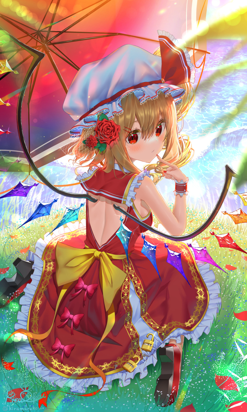 1girl back_bow backless_dress backless_outfit bangs blonde_hair bow commentary_request crystal day dress dress_bow finger_to_own_chin flandre_scarlet flower foaming_waves frilled_shirt_collar frills from_behind full_body gem grass hair_flower hair_ornament hat hat_ribbon highres jewelry kiramarukou lace-trimmed_headwear lace_trim lock long_hair looking_at_viewer looking_back mob_cap ocean one_side_up parasol petals red_bow red_dress red_eyes red_flower red_footwear red_gemstone red_ribbon red_rose ribbon rose seaside shoes signature sitting sleeveless sleeveless_dress solo touhou twitter_username umbrella wariza water white_headwear wings wrist_cuffs yellow_bow