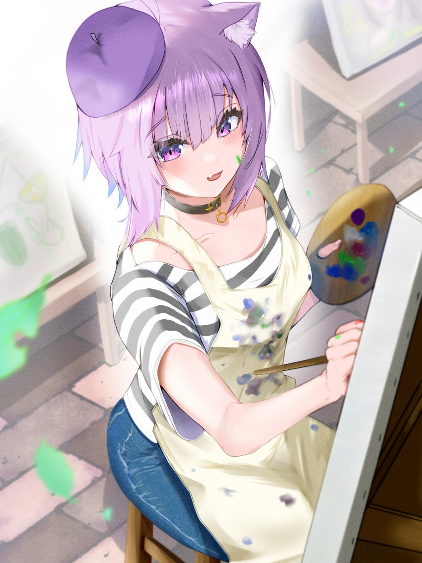 1girl absurdres animal_ear_fluff animal_ears apron bangs beret blue_pants canvas_(object) cat_ears fang from_above hat highres holding holding_paintbrush holding_palette hololive indoors looking_at_viewer nekomata_okayu paint_on_clothes paint_splatter paint_splatter_on_face paintbrush painting_(action) palette_(object) pants parted_lips purple_hair purple_headwear shirt short_sleeves sitting skin_fang solo striped striped_shirt torakichi_888 violet_eyes virtual_youtuber yellow_apron