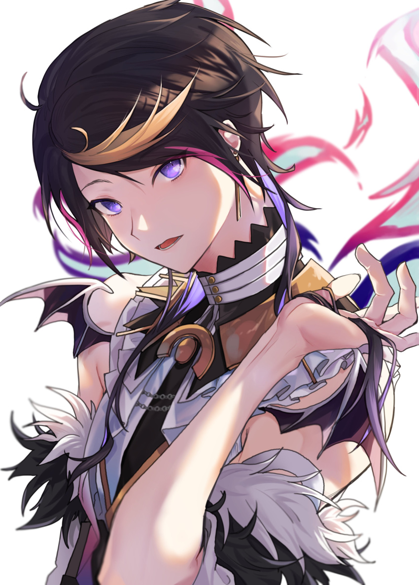 1boy absurdres bangs bishounen blonde_hair brown_hair cc_(cc_2_) chain colored_inner_hair earrings feather_boa hand_up highres jewelry long_hair looking_at_viewer male_focus multicolored_hair nijisanji nijisanji_en open_mouth purple_hair shu_yamino solo upper_body violet_eyes white_background