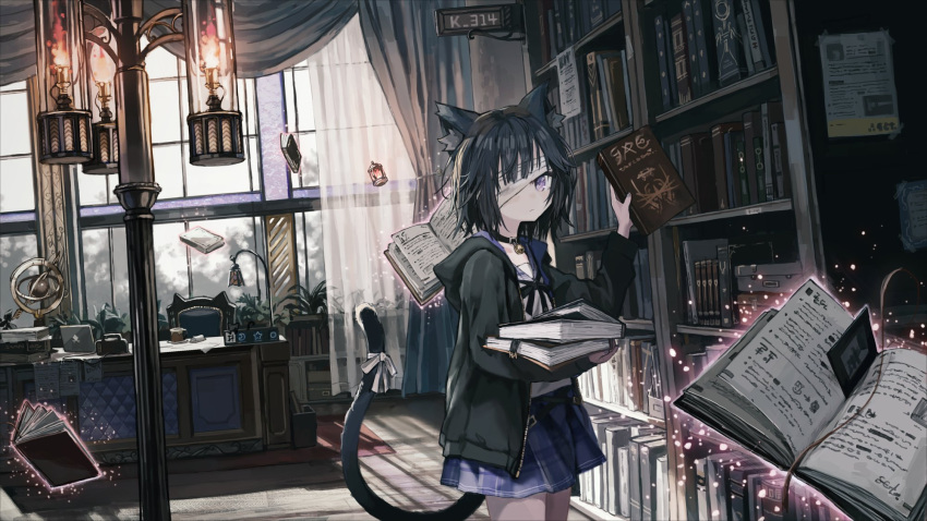 1girl animal_ear_fluff animal_ears armillary_sphere bandage_over_one_eye black_hair book bookmark bookshelf cat_ears cat_girl cat_tail chair collar curtains desk expressionless fire flame floating floating_book floating_object highres hood hood_down hoodie indie_virtual_youtuber indoors kurose_kiri lantern long_sleeves looking_at_viewer magic open_clothes open_hoodie plaid plaid_skirt radio scyze shirt skirt tail violet_eyes white_shirt window