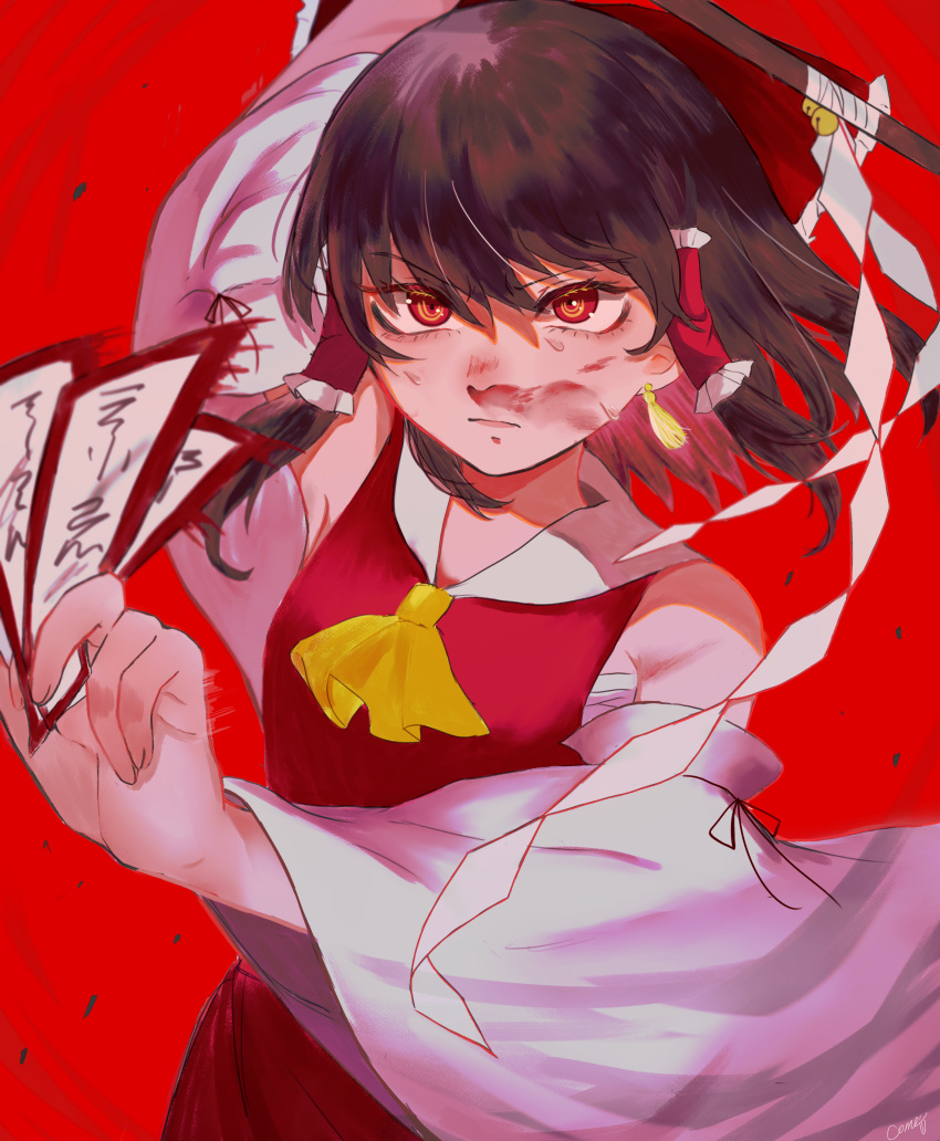 1girl absurdres arms_up ascot bandages bangs bare_shoulders blood blood_on_face bow breasts brown_hair closed_mouth collared_dress commentary_request detached_sleeves dress earrings eyes_visible_through_hair fingernails frills gohei hair_between_eyes hair_ornament hair_tubes hakurei_reimu hands_up highres jewelry long_fingernails long_sleeves looking_to_the_side medium_breasts ofuda red_background red_bow red_dress red_eyes sakuya19312 sarashi short_hair simple_background solo standing touhou v-shaped_eyebrows wide_sleeves yellow_ascot