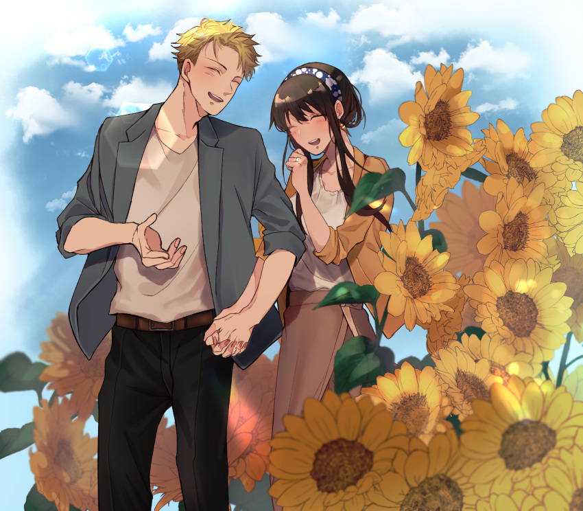 1boy 1girl absurdres bangs black_hair blonde_hair blue_sky blurry blurry_foreground clouds cloudy_sky collarbone couple earrings flower hairband highres holding_hands jewelry kaya_(yyao_mie) long_hair open_clothes open_mouth pants ring shirt sidelocks skirt sky spy_x_family sunflower twilight_(spy_x_family) yor_briar