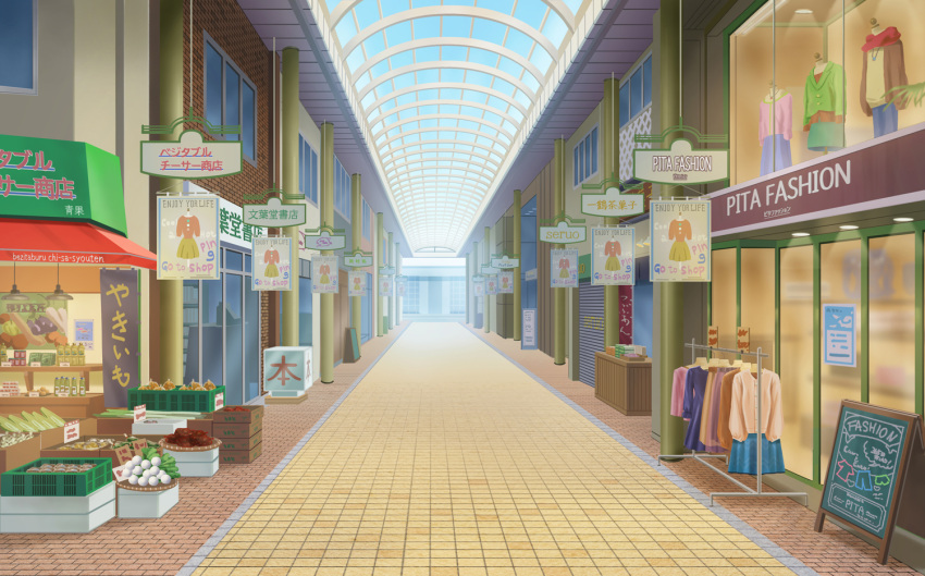 blue_sky brick_floor building chisagogo2 clothes clothing_store commentary_request food no_humans original scenery shop shopping_district sky tile_floor tiles translation_request vegetable