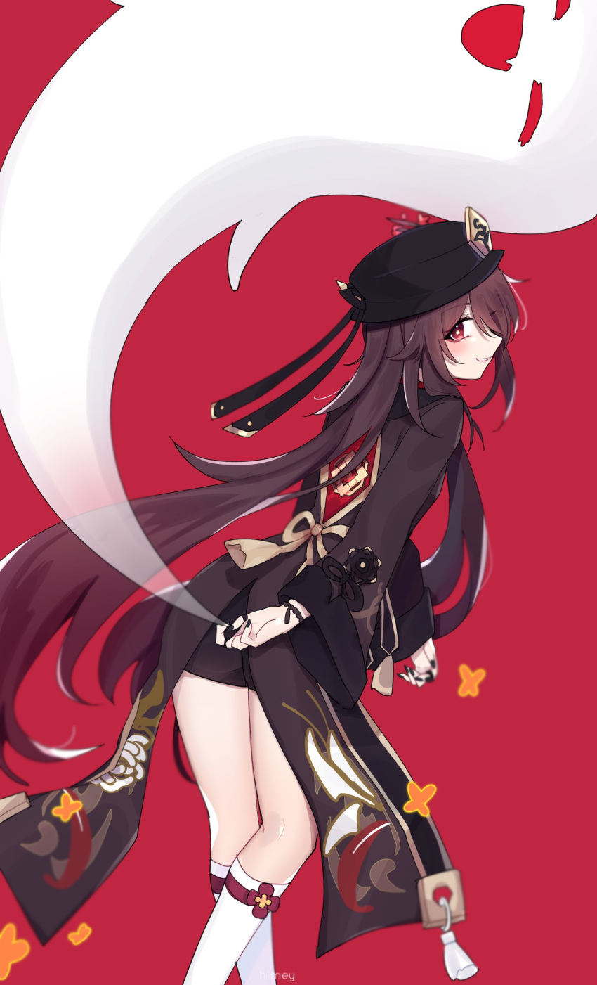 1girl absurdres black_nails black_shorts blush brown_hair chinese_clothes coat coattails english_commentary flower flower-shaped_pupils genshin_impact ghost hat highres himey hu_tao_(genshin_impact) jewelry long_hair long_sleeves looking_at_viewer plum_blossoms porkpie_hat red_background ring shorts symbol-shaped_pupils white_legwear