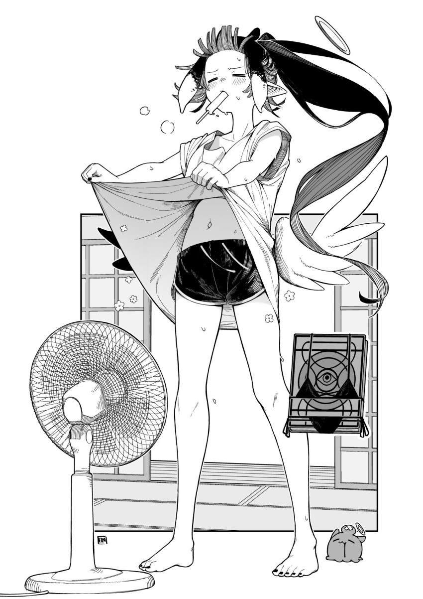 1girl a:n_(angrynum) bare_legs barefoot blush closed_eyes clothes_lift commentary electric_fan floating_hair food food_in_mouth full_body greyscale halo highres hololive hololive_english ice_cream lifted_by_self long_hair low_wings midriff monochrome mouth_hold multicolored_hair navel ninomae_ina'nis pointy_ears ponytail popsicle popsicle_in_mouth revision shirt shirt_lift short_shorts short_sleeves shorts sidelocks solo standing streaked_hair sweat tako_(ninomae_ina'nis) very_long_hair virtual_youtuber wings