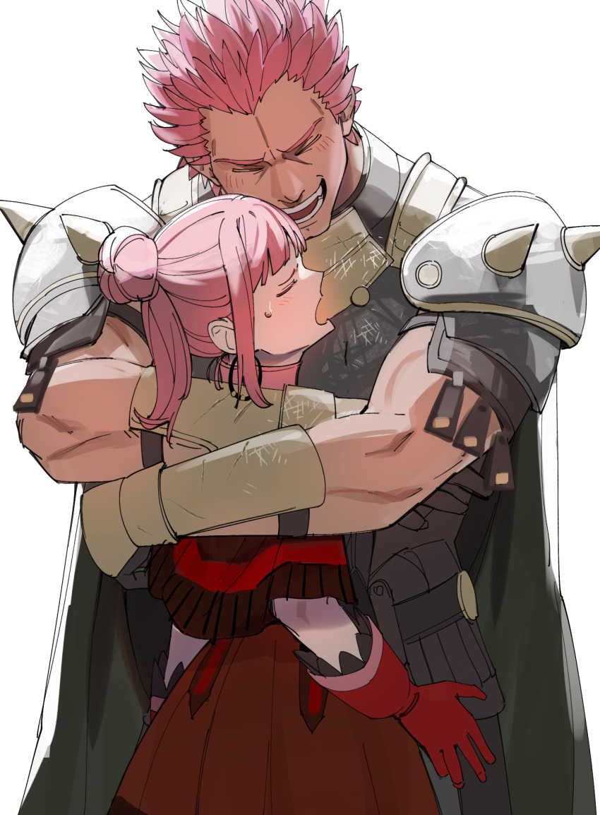 1boy 1girl armor blush bracer brother_and_sister cape closed_eyes commentary cowboy_shot earrings embarrassed fire_emblem fire_emblem:_three_houses fire_emblem_warriors:_three_hopes gloves hair_bun happy height_difference highres hilda_valentine_goneril holst_sigiswald_goneril hoop_earrings hug jewelry medium_hair muscular muscular_male open_mouth pauldrons pink_hair ponytail red_gloves red_shirt red_skirt shirt shishima_eichi short_hair shoulder_armor siblings sidelocks simple_background size_difference skirt smile spiky_hair standing sweatdrop teeth white_background