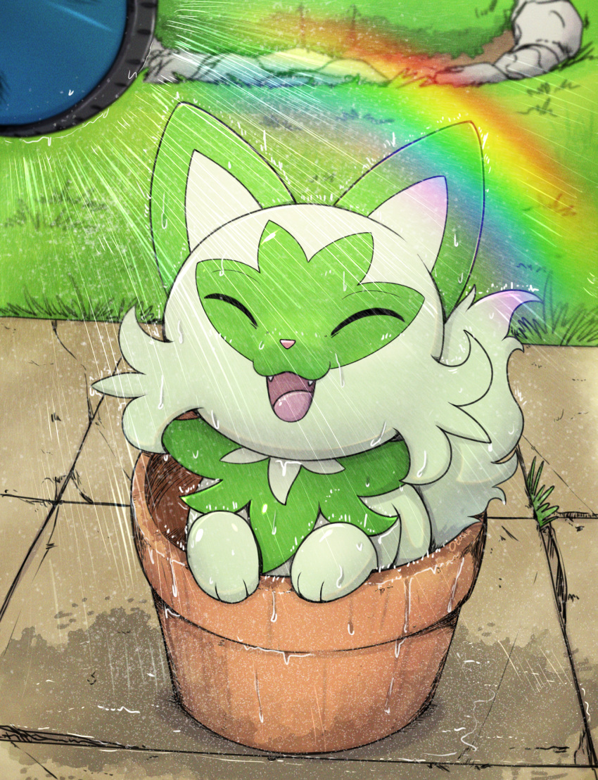 :3 ^_^ animal_focus artist_name bush closed_eyes commentary day english_commentary fangs flower_pot grass green_theme happy highres in_container no_humans open_mouth otakuap outdoors pokemon pokemon_(creature) puddle rainbow signature smile solo sprigatito upper_body water watering watering_can wet