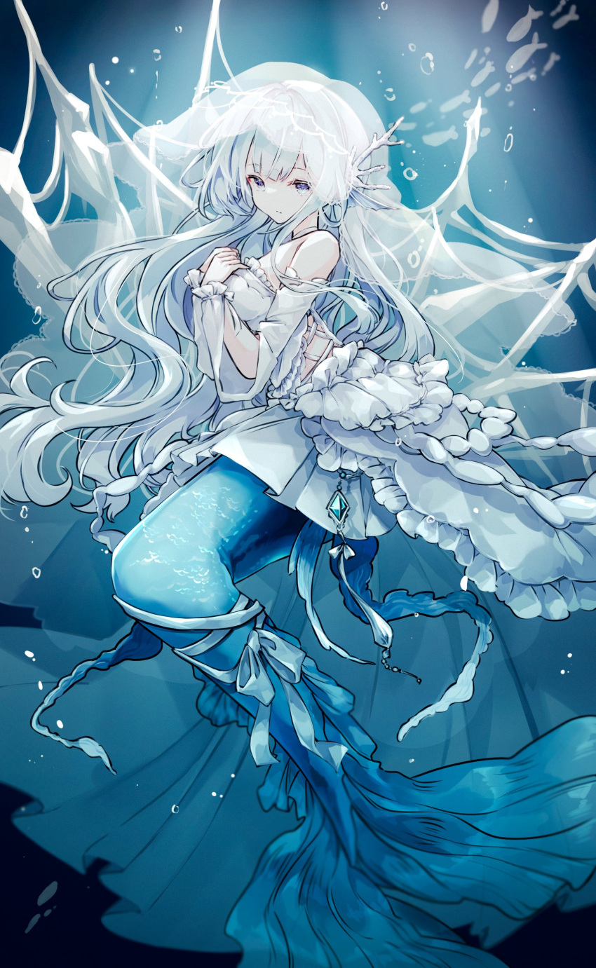 1girl absurdres bangs commentary_request dress fish head_fins highres long_hair looking_at_viewer mermaid miyu_(miy_u1308) monster_girl original ribbon solo tail tail_ornament tail_ribbon underwater violet_eyes white_dress white_hair white_ribbon