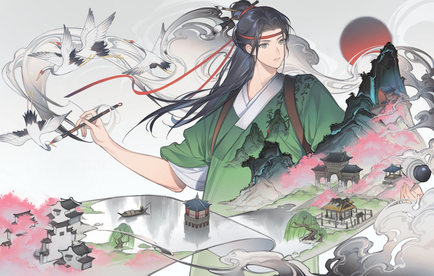1boy 1other absurdres animal architecture bird black_hair boat cherry_blossoms chinese_clothes clothes_writing clouds copyright_request crane_(animal) east_asian_architecture fishing flock gazebo gradient green_robe grey_background grey_eyes hair_bun half_updo headband highres holding holding_paintbrush holding_scroll long_hair looking_away looking_to_the_side male_focus mountain nay_akane outstretched_arms paifang paintbrush painting_(object) parted_lips red_ribbon red_sun ribbon river sampan scroll single_hair_bun size_difference surreal tasuki through_screen water watercraft waterfall willow