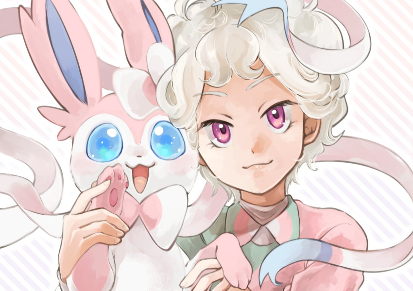 1boy :d bangs bede_(pokemon) blonde_hair blue_eyes closed_mouth collared_shirt commentary_request curly_hair kono2noko male_focus open_mouth pokemon pokemon_(creature) pokemon_(game) pokemon_swsh shirt short_hair smile sylveon tongue undershirt upper_body violet_eyes