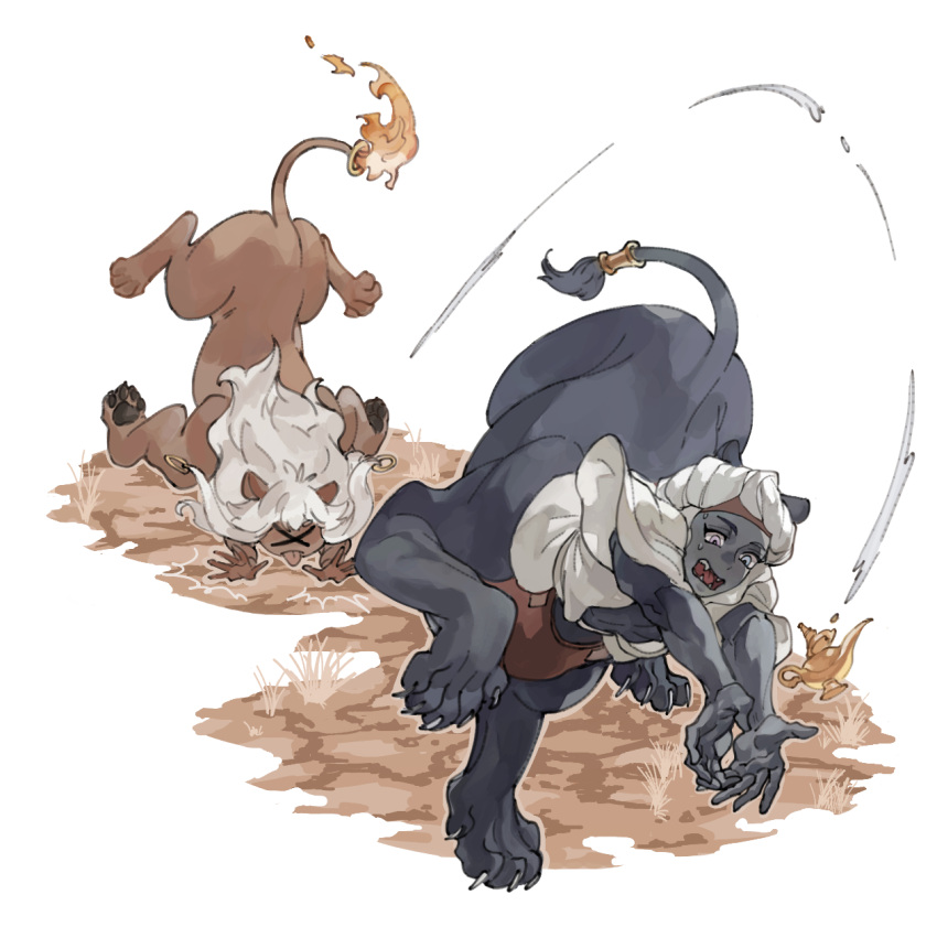 2boys abuku animal_ears black_skin blue_eyes claws colored_skin dark-skinned_male dark_skin fallen_down fangs flame-tipped_tail full_body hair_ornament highres keffiyeh lamp lion_boy lion_ears long_hair looking_at_object male_focus monster_boy multiple_boys oil_lamp open_mouth original outstretched_arms running simple_background sweat tail tail_ornament tail_ring taur tongue tongue_out tripping violet_eyes white_background white_hair x_x