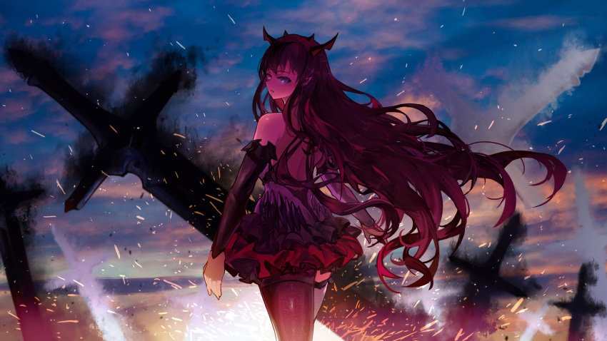 1girl absurdres back bare_shoulders bridal_gauntlets darkness demon_girl demon_horns detached_sleeves dress from_behind gauntlets heterochromia highres hololive hololive_english horns irys_(hololive) landscape light long_hair looking_at_viewer multicolored_hair multiple_horns multiple_swords outdoors pleated_dress pointy_ears short_dress single_leg_pantyhose single_thighhigh skirt sky sparks sunset sword thigh-highs thighs very_long_hair virtual_youtuber vyragami weapon