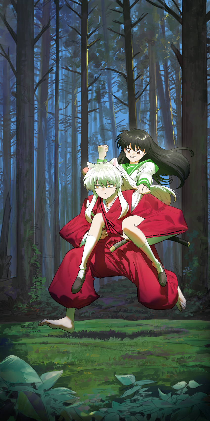 1boy 1girl absurdres animal_ears barefoot black_hair brown_eyes carrying closed_mouth eyes_visible_through_hair fang fang_out fingernails forest ghdwid hair_between_eyes highres higurashi_kagome inuyasha inuyasha_(character) katana long_fingernails long_hair nature outdoors parted_lips piggyback running scabbard school_uniform serafuku sharp_fingernails sharp_toenails sheath sheathed sweat sweatdrop sword teeth toenails tree uniform weapon white_hair wide_sleeves yellow_eyes