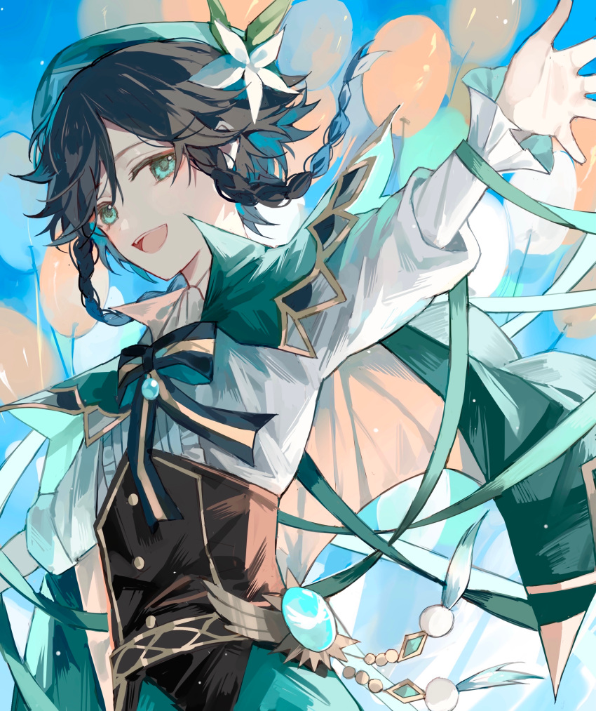 1boy absurdres androgynous balloon bangs beret black_hair blue_hair braid cape flower genshin_impact gradient_hair green_eyes green_headwear hair_ornament hat highres long_sleeves looking_at_viewer male_focus moyuyuw multicolored_hair open_mouth short_hair_with_long_locks simple_background smile solo twin_braids venti_(genshin_impact) white_flower