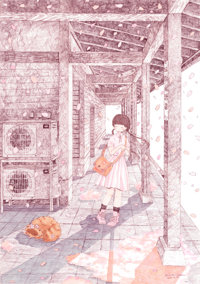 1girl absurdres bag bangs black_hair black_legwear collared_shirt crosshatching dated densya_t hatching_(texture) highres limited_palette long_hair orange_bag original petals pink_footwear pink_shirt pink_skirt pink_theme pleated_skirt shadow shirt shoes short_sleeves shoulder_bag skirt socks solo standing twintails wide_shot